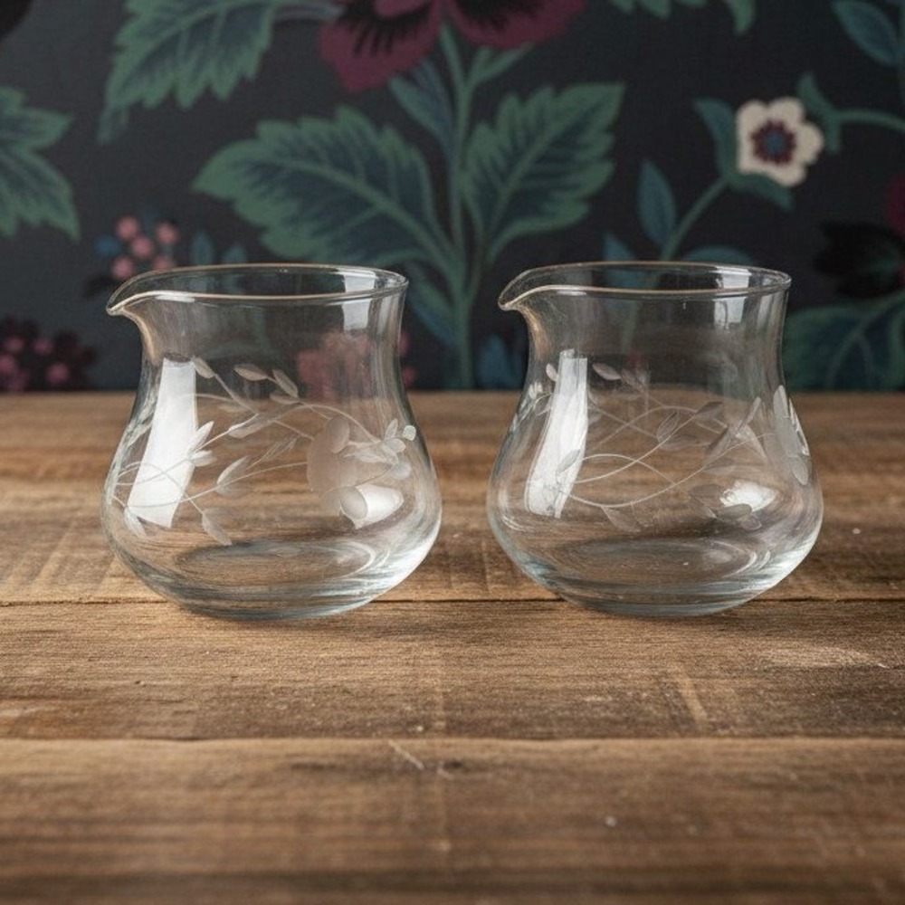 Princess House Heritage Jam Jars, Set of 2, Vintage Etched Floral Creamers